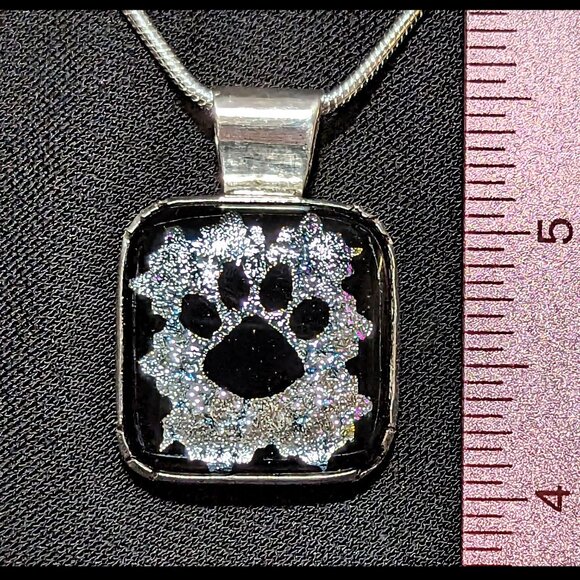 Rula Glass Jewelry - Wow Silver & Black Signed PAW PRINT Dichroic Glass Bezel Sterling Silver Pendant